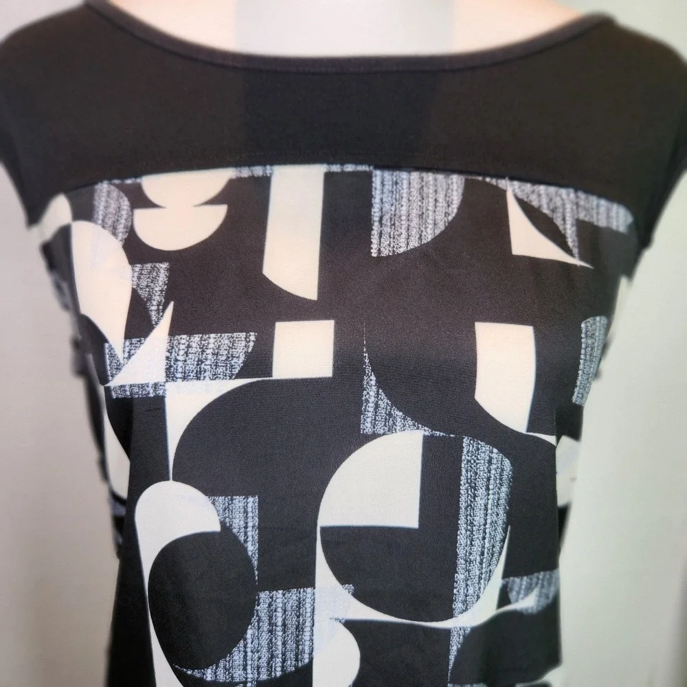 Ann Taylor Shift Dress Womens Small Black‎ White Geometric Sleeveless Office